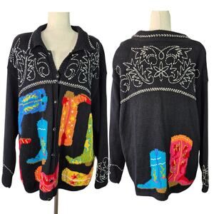 Susan Bristol Black Blue Cowboy Boots Vintage Cardigan Sweater L XL